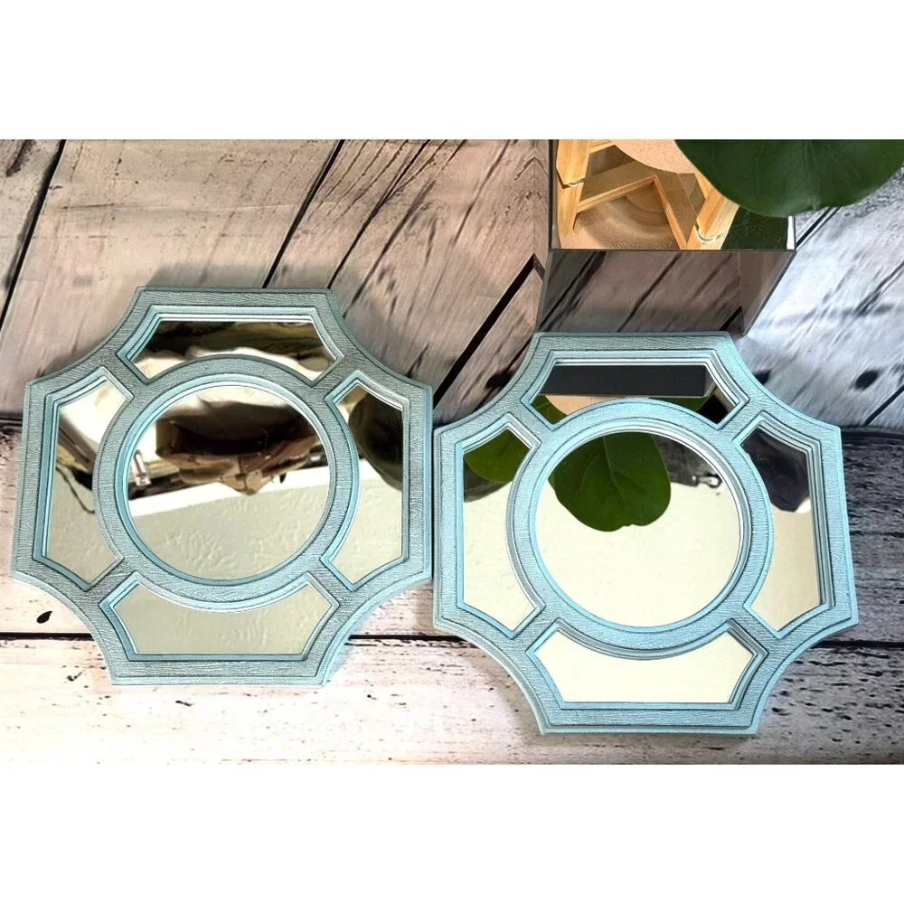 Set Of 2 Light Blue Octagonal Wall Mirrors With Geometric Design
